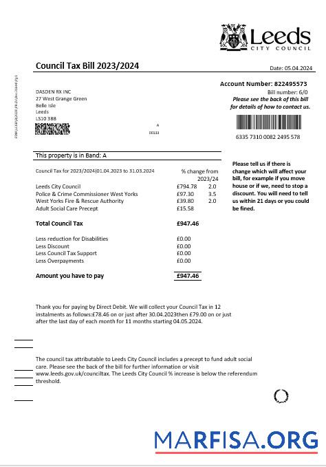 Realistic United Kingdom Leeds City Council tax business utility bill template in Word and PDF formats